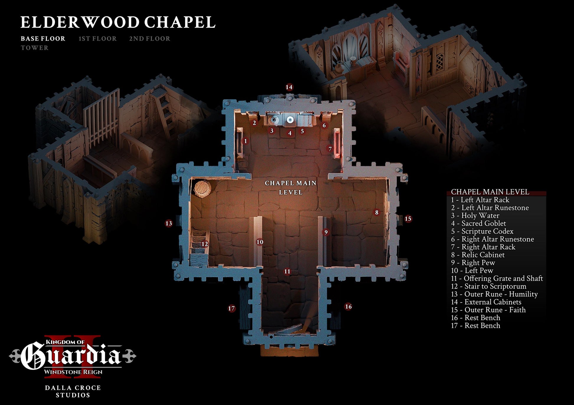 The Elderwood Chapel looms with reverence and danger. Roots climb its tower, torchlight guides its path, and its interior rooms glow with candlelit secrets — a perfect stage for faith, fear, and final encounters.