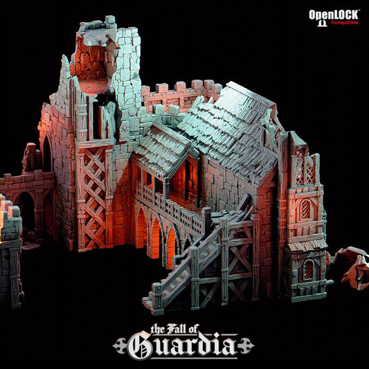 A war-torn corner of the ruined city: the shattered bell tower looms over the broken barracks, stone stairs leading into shadowed halls, while firelight flickers through crumbled windows. The fall of Guardia—etched in every stone.