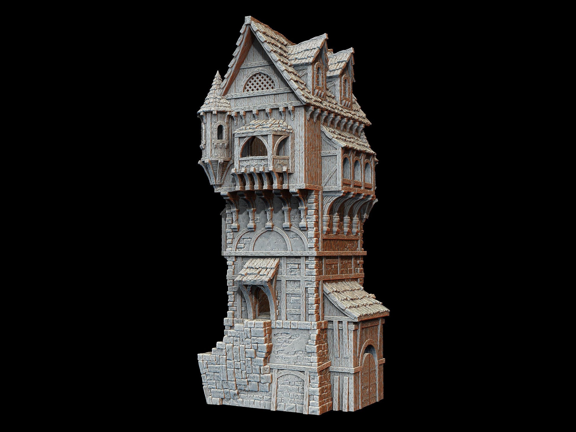 The Commoners Tower stands crooked and proud—wooden balconies sag above shadowed arches, stairs snake upward, and every floor tells a story worth fighting for.