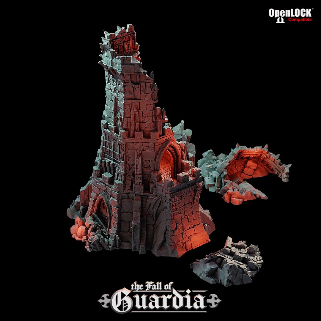 The Outpost Tower stands in ruin, its jagged stone face open to the elements. Scorched floors, crumbling archways, and fractured wood spill from every level. Where once a guard watched the borderlands, only shadows remain.