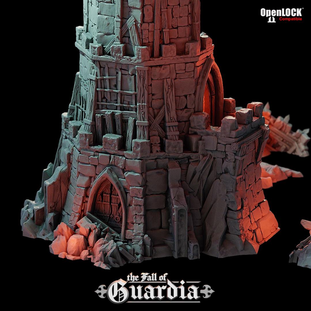 The Outpost Tower stands in ruin, its jagged stone face open to the elements. Scorched floors, crumbling archways, and fractured wood spill from every level. Where once a guard watched the borderlands, only shadows remain.