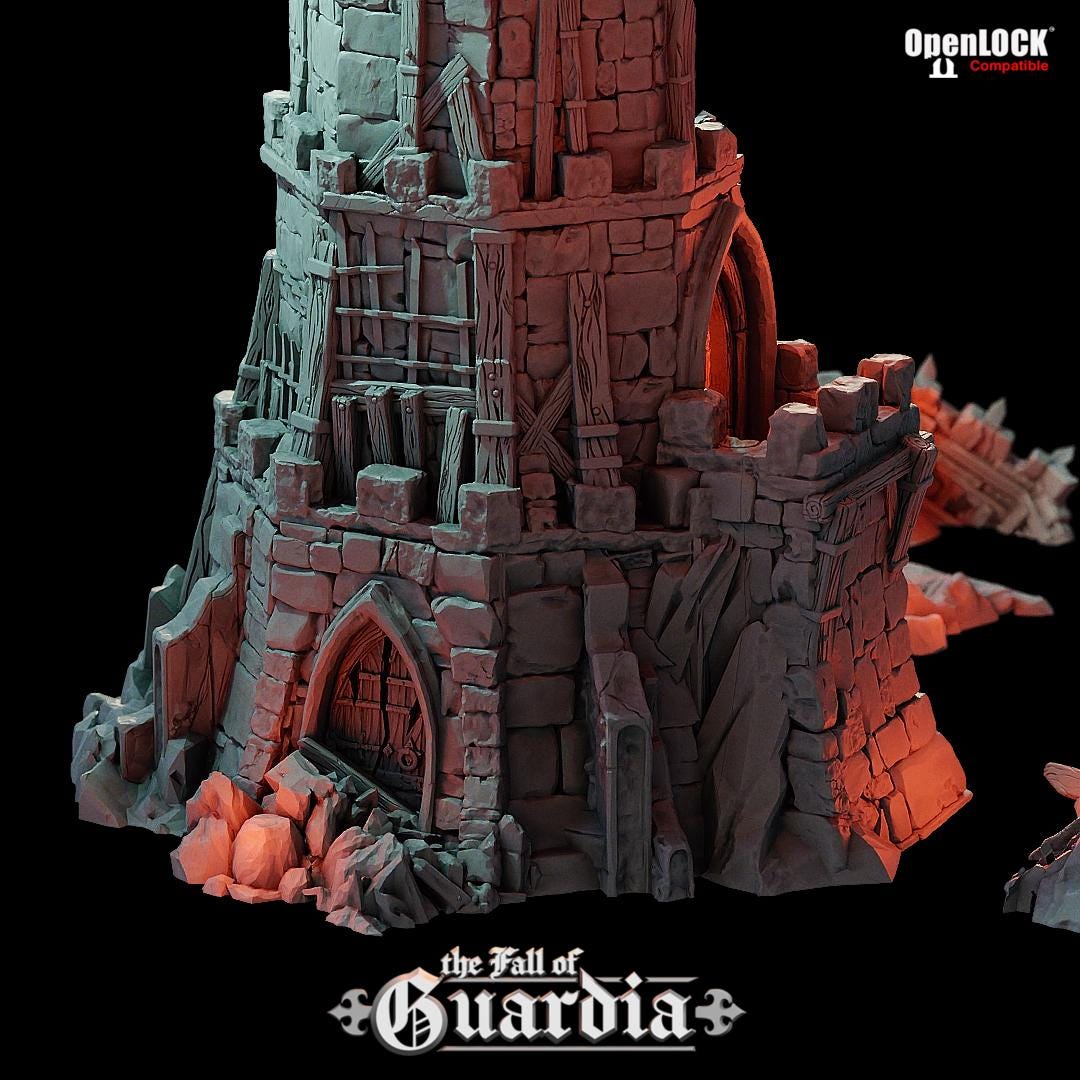 The Outpost Tower stands in ruin, its jagged stone face open to the elements. Scorched floors, crumbling archways, and fractured wood spill from every level. Where once a guard watched the borderlands, only shadows remain.
