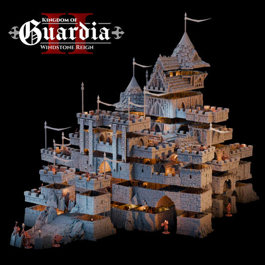 A massive six-level 3D-printed fantasy castle stands ready for siege, with torchlit towers, detailed battlements, a royal hall, and secret vaults visible in every layer. The towering spires and stone walls of Guardia&#39;s Keep are alive with story potential and tactical opportunity.