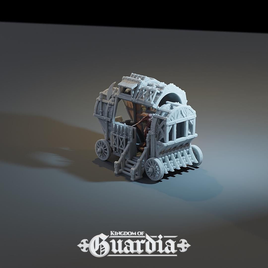A rugged wooden weapons wagon rolls into the fray, bristling with axes, shield plates, and armored trim. Its open interior reveals benches and a figure emerging from within—ready for combat or escape. Every plank, latch, and wheel feels like it’s seen a hundred battles.