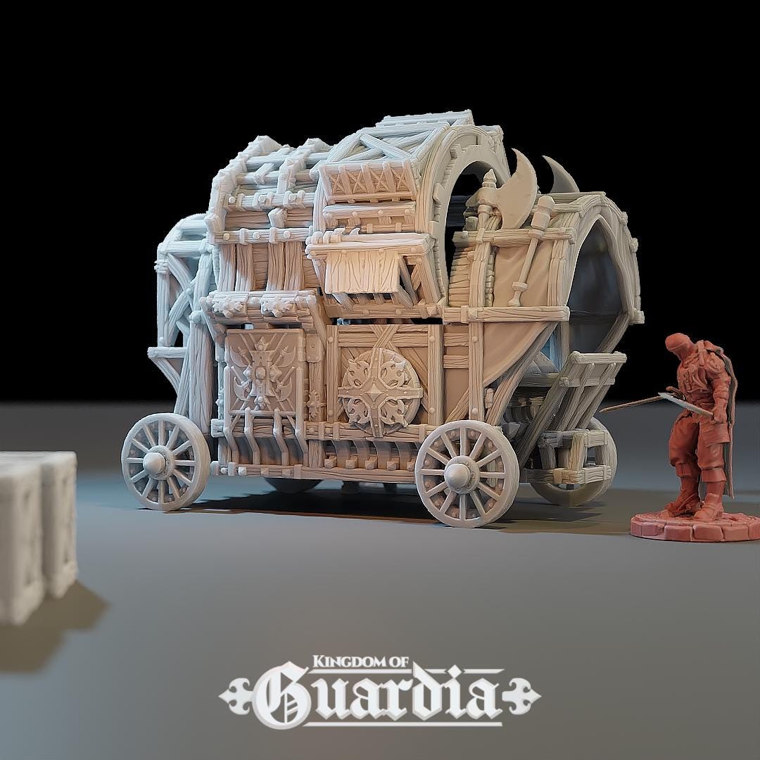 A rugged wooden weapons wagon rolls into the fray, bristling with axes, shield plates, and armored trim. Its open interior reveals benches and a figure emerging from within—ready for combat or escape. Every plank, latch, and wheel feels like it’s seen a hundred battles.