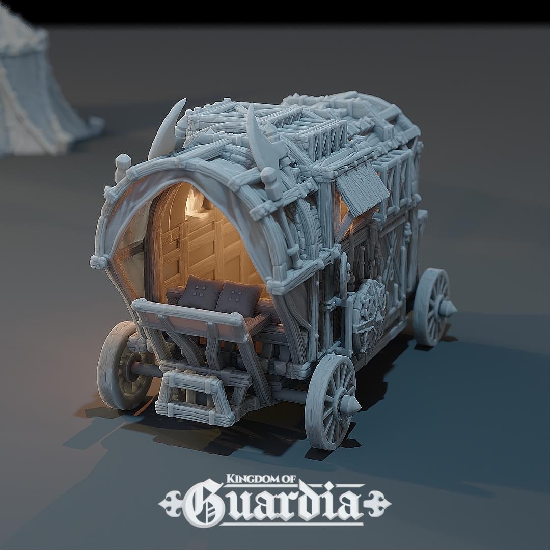 A rugged wooden weapons wagon rolls into the fray, bristling with axes, shield plates, and armored trim. Its open interior reveals benches and a figure emerging from within—ready for combat or escape. Every plank, latch, and wheel feels like it’s seen a hundred battles.
