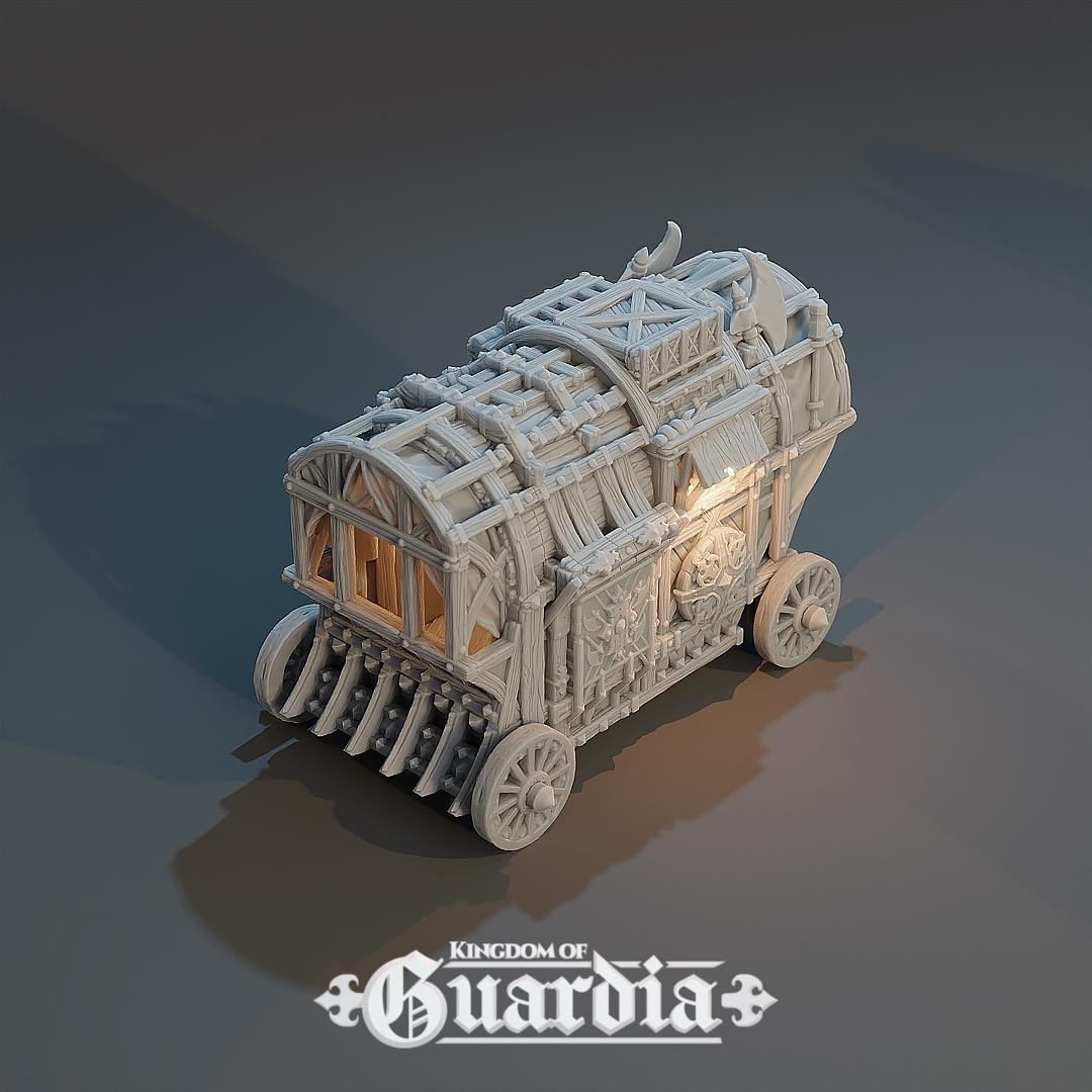 A rugged wooden weapons wagon rolls into the fray, bristling with axes, shield plates, and armored trim. Its open interior reveals benches and a figure emerging from within—ready for combat or escape. Every plank, latch, and wheel feels like it’s seen a hundred battles.
