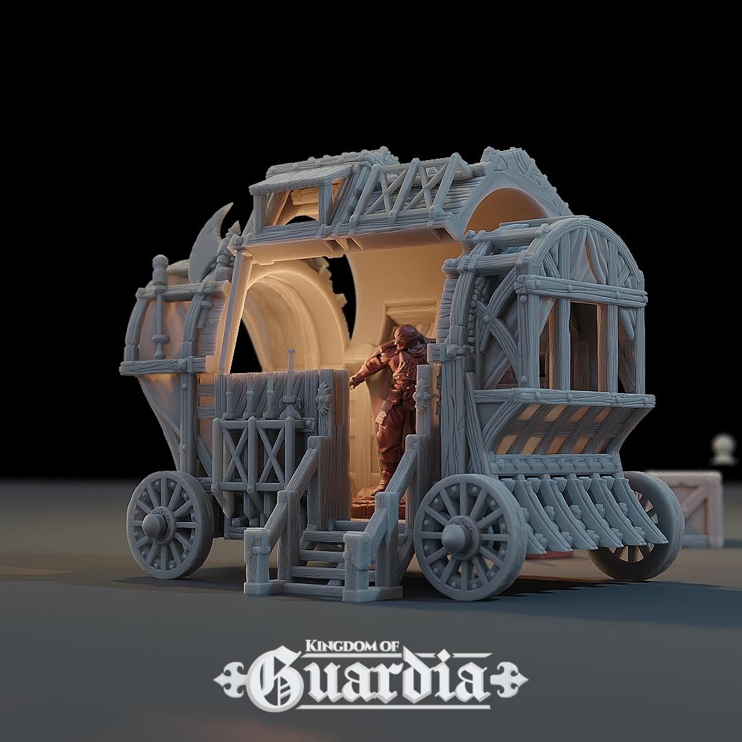 A rugged wooden weapons wagon rolls into the fray, bristling with axes, shield plates, and armored trim. Its open interior reveals benches and a figure emerging from within—ready for combat or escape. Every plank, latch, and wheel feels like it’s seen a hundred battles.