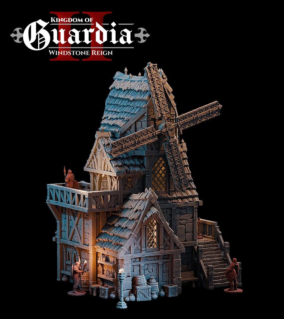 A towering windmill pierces the dark sky, each floor layered with secrets—from the cozy quarters of a lone keeper to the enigmatic gears still grinding above. Lit from within, this terrain piece beckons adventurers into its mysteries. Barrels, sacks, and crates scatter the exterior while removable levels reveal rooms built for story-rich exploration.
