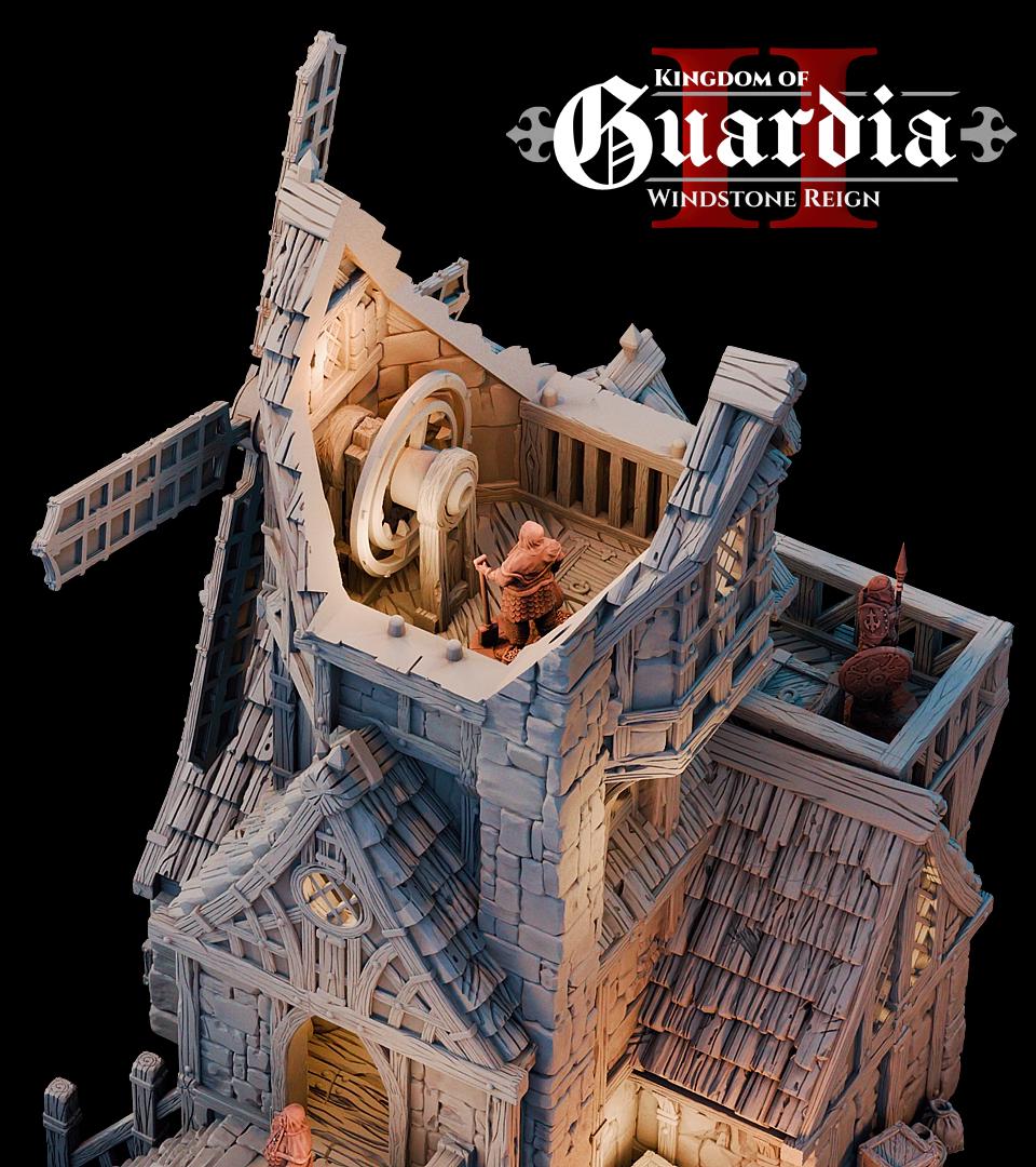 A towering windmill pierces the dark sky, each floor layered with secrets—from the cozy quarters of a lone keeper to the enigmatic gears still grinding above. Lit from within, this terrain piece beckons adventurers into its mysteries. Barrels, sacks, and crates scatter the exterior while removable levels reveal rooms built for story-rich exploration.