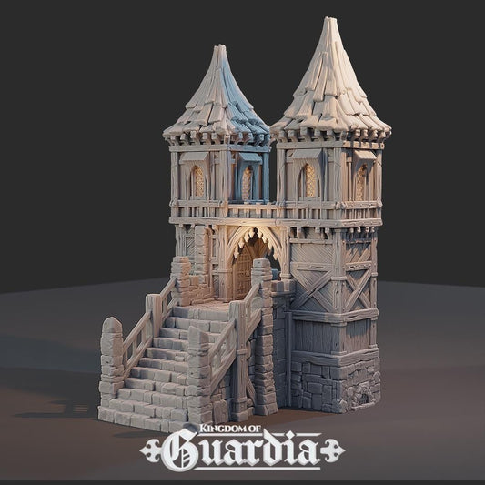 Two towering spires guard a weathered stone archway, lit from within by lanterns and hidden sentries. Stone stairs ascend to the battlements while narrow walkways and timber halls link patrol routes. This is no simple checkpoint—this gate was built to last.