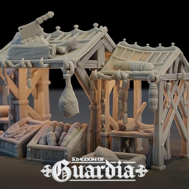 A heavy cleaver rests on a timber slab as sausages sway above and salted cuts stack in woven crates. Beneath this rugged butcher’s tent, three stalls bustle with trade, conversation, and steel on meat. It's more than a shop—it’s the lifeblood of the village market.