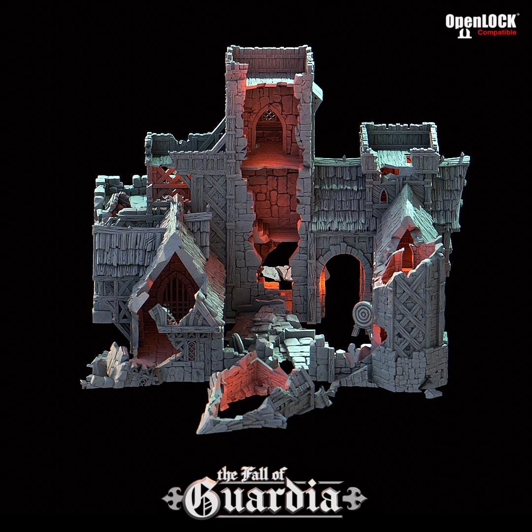 A crumbling medieval archery range lies in ruin—torn rooftops, shattered stone, and broken walls open up dramatic angles for gameplay. Through the fractured keep tower, spiral stairs climb past arrow slits and collapsed floors. Fires of siege long past still echo in the burnt-out interiors, ideal for ambushes or daring escapes.