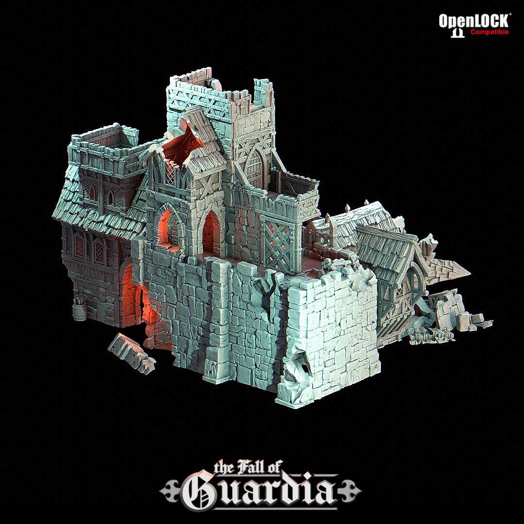 A crumbling medieval archery range lies in ruin—torn rooftops, shattered stone, and broken walls open up dramatic angles for gameplay. Through the fractured keep tower, spiral stairs climb past arrow slits and collapsed floors. Fires of siege long past still echo in the burnt-out interiors, ideal for ambushes or daring escapes.