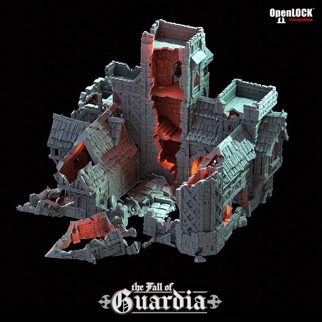 A crumbling medieval archery range lies in ruin—torn rooftops, shattered stone, and broken walls open up dramatic angles for gameplay. Through the fractured keep tower, spiral stairs climb past arrow slits and collapsed floors. Fires of siege long past still echo in the burnt-out interiors, ideal for ambushes or daring escapes.