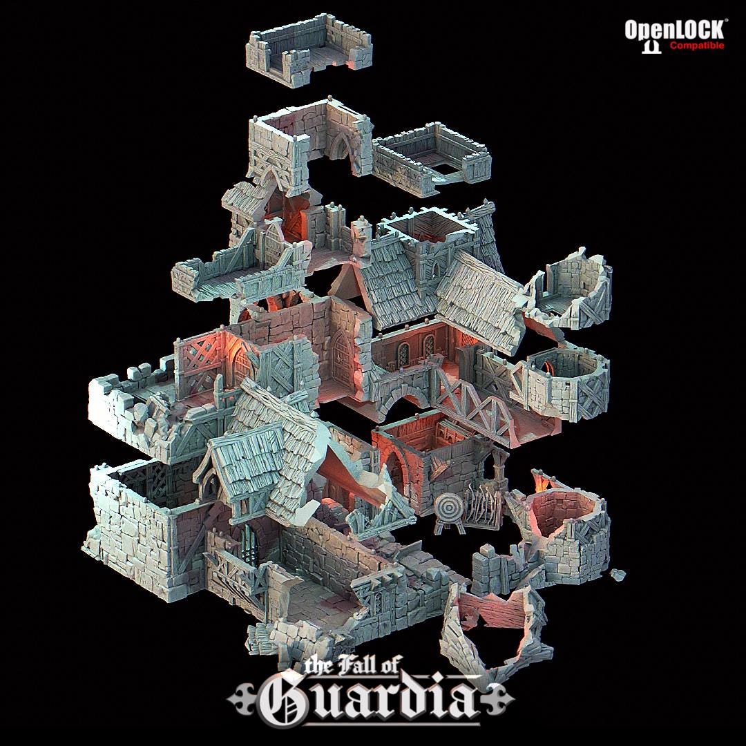 A crumbling medieval archery range lies in ruin—torn rooftops, shattered stone, and broken walls open up dramatic angles for gameplay. Through the fractured keep tower, spiral stairs climb past arrow slits and collapsed floors. Fires of siege long past still echo in the burnt-out interiors, ideal for ambushes or daring escapes.