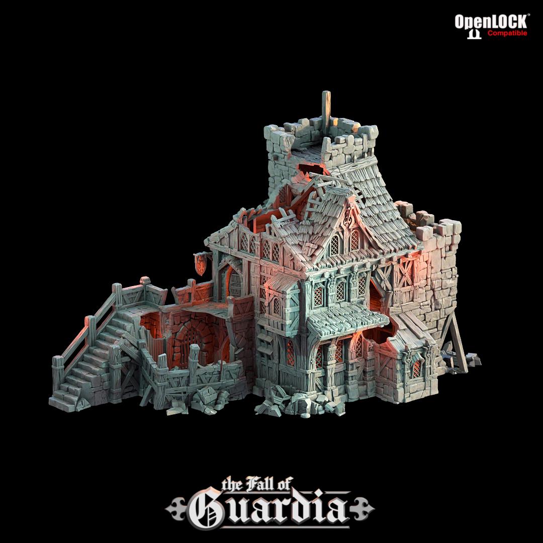 Cracked stone and broken timber reveal the bones of a once-mighty inn. A knight’s keep now lies shattered—its balconies warped, its watchtower breached. Light pours through gaping holes in its frame, illuminating tavern halls, dungeon stairs, and relics forgotten. A battlefield, a home, or a trap—only your story decides.