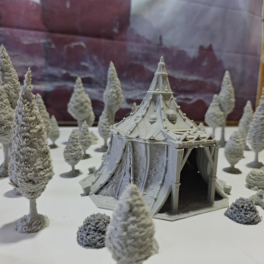 A star-patterned medieval fantasy tent glows with an otherworldly light, its interior revealing a robed fortune teller poised behind a crystal ball. The sweeping fabric walls and tall spire create an aura of mystery, perfect for a marketplace encounter, a festival scene, or a secret meeting in your next tabletop adventure.