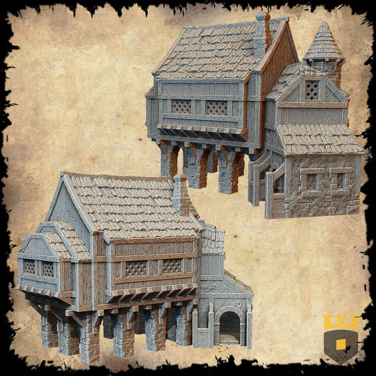 The Thieves Guild lurks just above eye level—stone arches conceal shadowy figures, while latticed windows flicker with torchlight. The back stairs creak, the turret watches, and secrets wait inside.