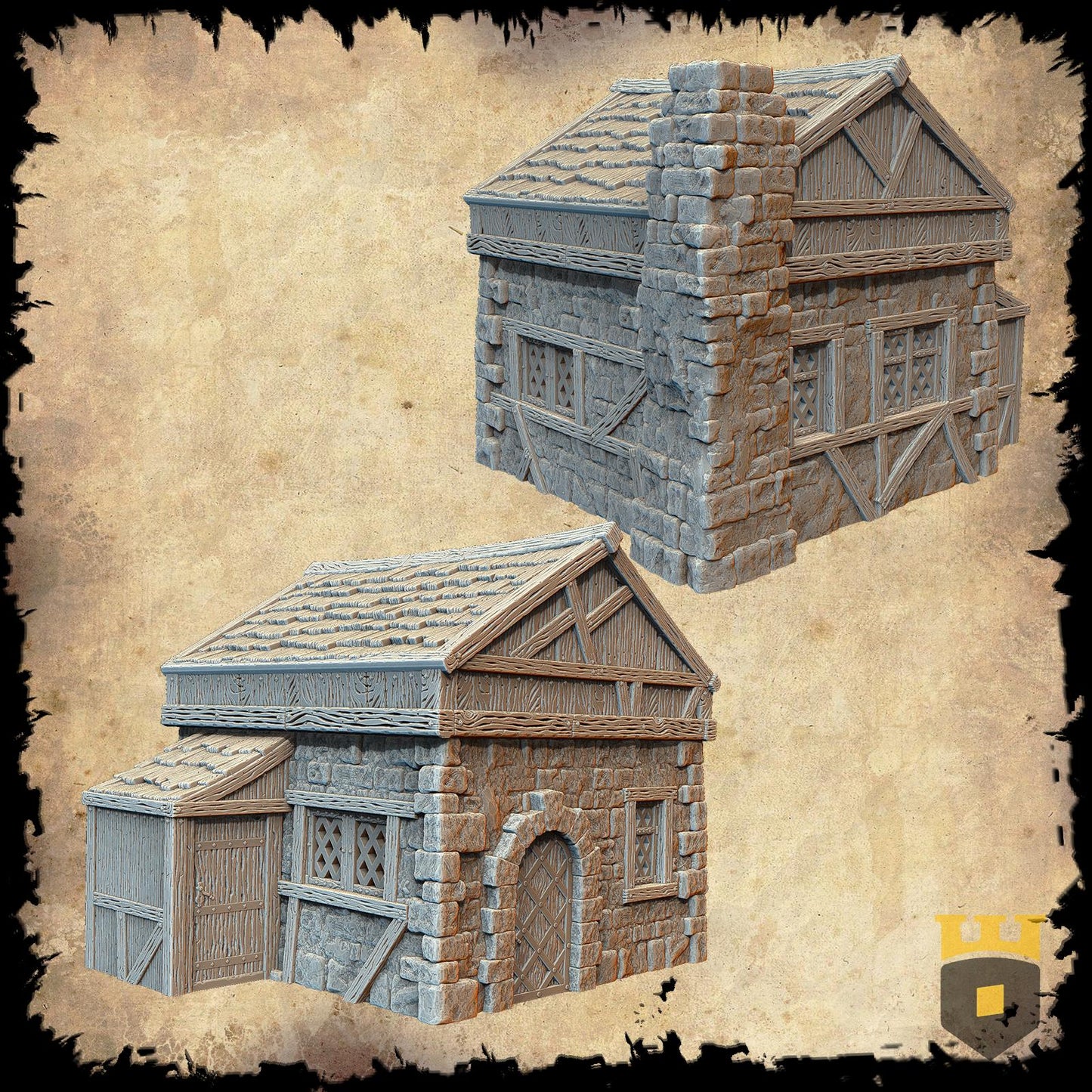 Leichheim Slum 3: Two-Story Stone & Timber House Terrain Standard Tabletop Terrain, Gaming