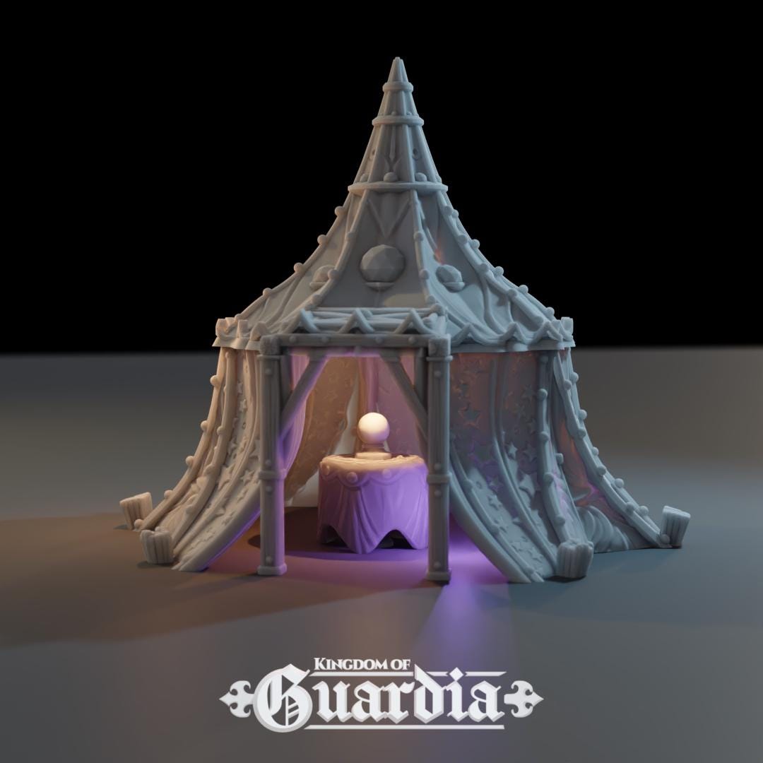 A star-patterned medieval fantasy tent glows with an otherworldly light, its interior revealing a robed fortune teller poised behind a crystal ball. The sweeping fabric walls and tall spire create an aura of mystery, perfect for a marketplace encounter, a festival scene, or a secret meeting in your next tabletop adventure.