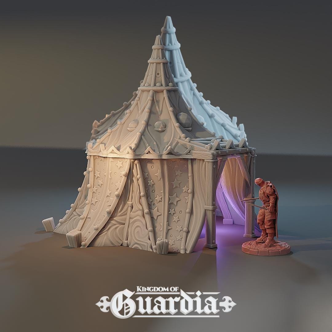A star-patterned medieval fantasy tent glows with an otherworldly light, its interior revealing a robed fortune teller poised behind a crystal ball. The sweeping fabric walls and tall spire create an aura of mystery, perfect for a marketplace encounter, a festival scene, or a secret meeting in your next tabletop adventure.