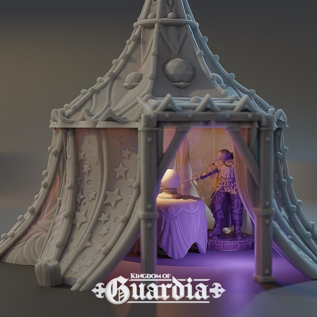 A star-patterned medieval fantasy tent glows with an otherworldly light, its interior revealing a robed fortune teller poised behind a crystal ball. The sweeping fabric walls and tall spire create an aura of mystery, perfect for a marketplace encounter, a festival scene, or a secret meeting in your next tabletop adventure.