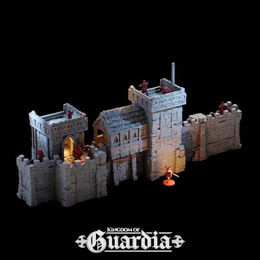 The Defensive Post rises from the battlefield as a fortified medieval bastion. Stone walls, timber reinforcements, and towering battlements dominate the field, with guards poised on high platforms and archers ready at every arrow slit. From the compact Small Post to the massive Full Post with dual towers and a roofed hall, each configuration tells a story of siege, defiance, and heroism.