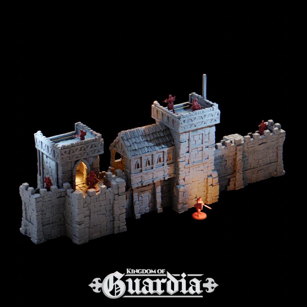 The Defensive Post rises from the battlefield as a fortified medieval bastion. Stone walls, timber reinforcements, and towering battlements dominate the field, with guards poised on high platforms and archers ready at every arrow slit. From the compact Small Post to the massive Full Post with dual towers and a roofed hall, each configuration tells a story of siege, defiance, and heroism.