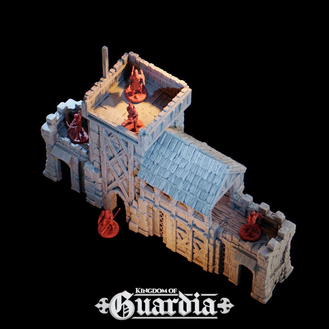 The Defensive Post rises from the battlefield as a fortified medieval bastion. Stone walls, timber reinforcements, and towering battlements dominate the field, with guards poised on high platforms and archers ready at every arrow slit. From the compact Small Post to the massive Full Post with dual towers and a roofed hall, each configuration tells a story of siege, defiance, and heroism.