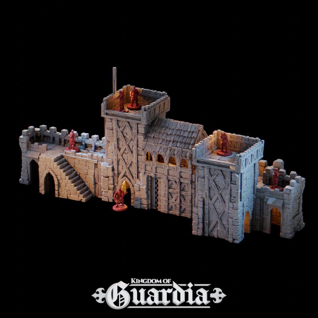 The Defensive Post rises from the battlefield as a fortified medieval bastion. Stone walls, timber reinforcements, and towering battlements dominate the field, with guards poised on high platforms and archers ready at every arrow slit. From the compact Small Post to the massive Full Post with dual towers and a roofed hall, each configuration tells a story of siege, defiance, and heroism.