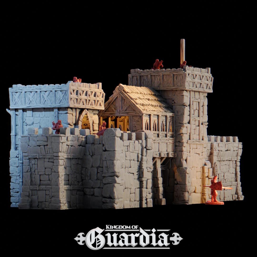 The Defensive Post rises from the battlefield as a fortified medieval bastion. Stone walls, timber reinforcements, and towering battlements dominate the field, with guards poised on high platforms and archers ready at every arrow slit. From the compact Small Post to the massive Full Post with dual towers and a roofed hall, each configuration tells a story of siege, defiance, and heroism.