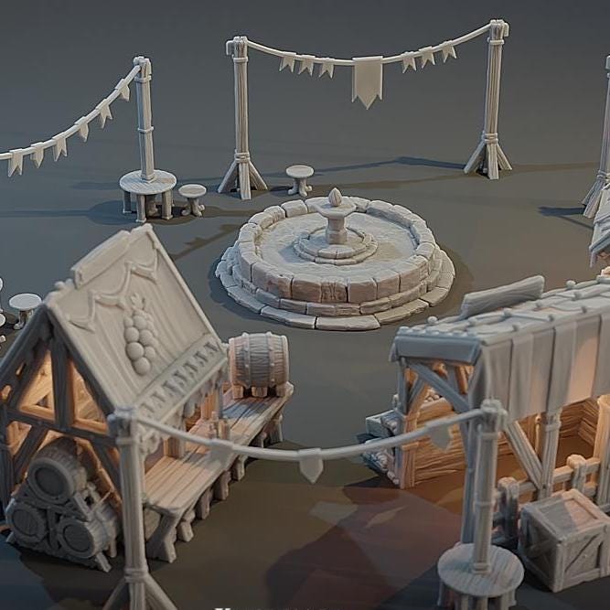 Fairgrounds Set: Medieval Fantasy Market Terrain Standard Tabletop Terrain, Gaming, Kingdom of Guardia