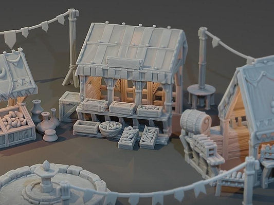 Fairgrounds Set: Medieval Fantasy Market Terrain Standard Tabletop Terrain, Gaming, Kingdom of Guardia