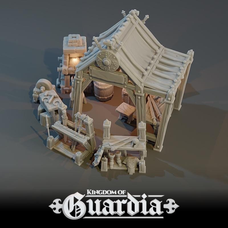 A working forge under canvas — barrels, crates, and racks of weapons spill from the open tent, while the grindstone and glowing forge hint at a blacksmith hard at work. Perfect for a market square, encampment, or roadside camp where heroes rest and prepare for the next fight.