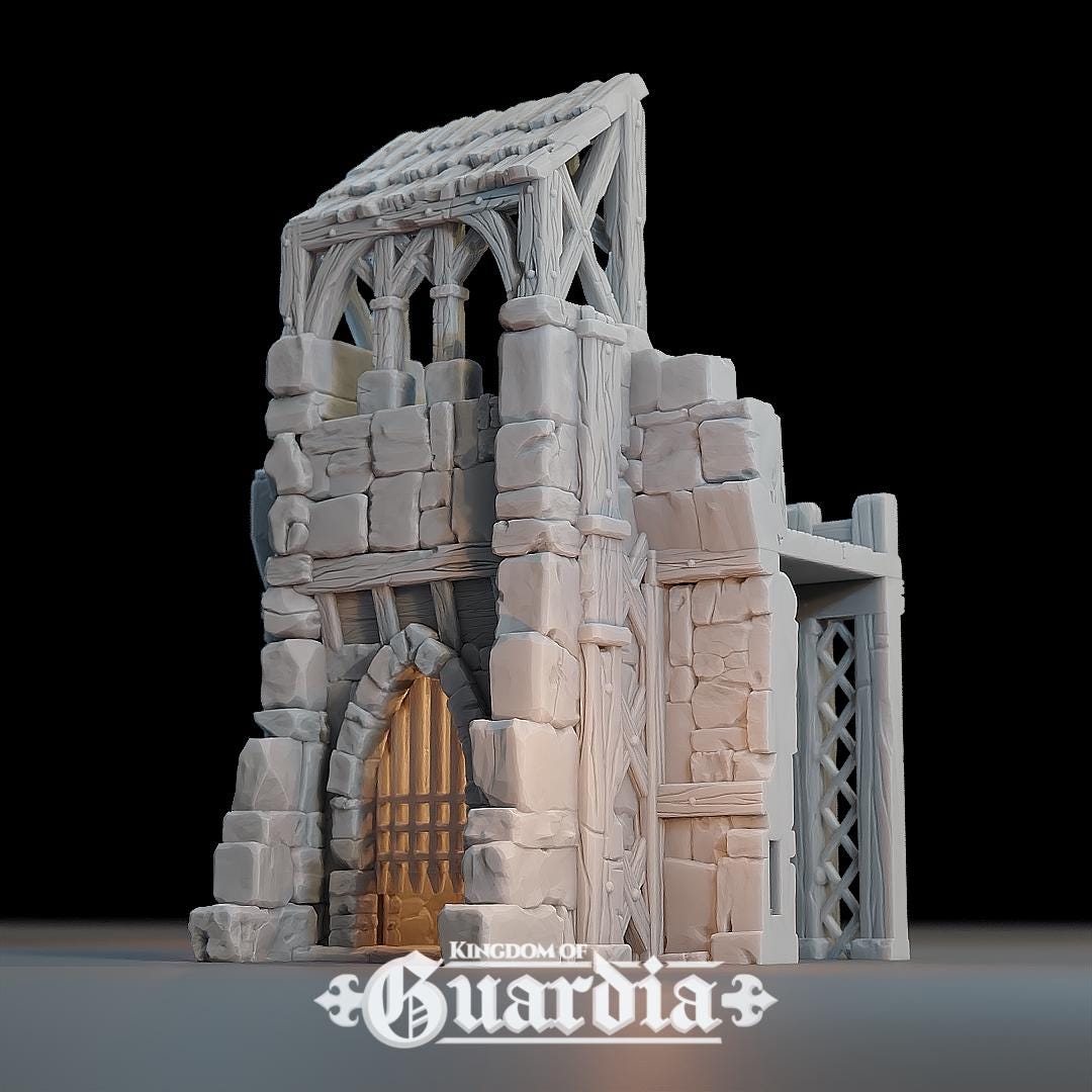 A stone fortress gate with a heavy portcullis, wooden reinforcements, and two styles of construction: a covered battlement roof for defenders to rain arrows from above, or an open-top version perfect as a versatile town or village entrance. Designed to fit seamlessly with the Guardia Wall System or stand proudly on its own.