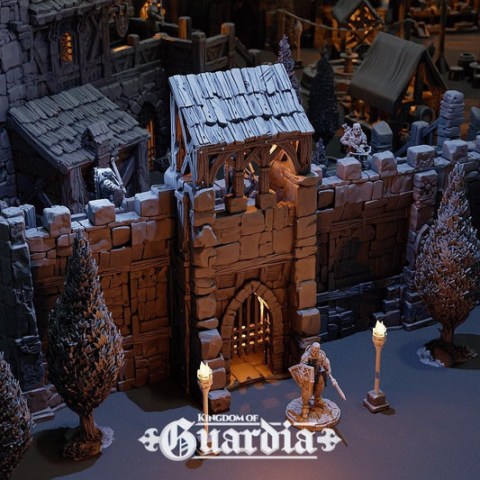 A stone fortress gate with a heavy portcullis, wooden reinforcements, and two styles of construction: a covered battlement roof for defenders to rain arrows from above, or an open-top version perfect as a versatile town or village entrance. Designed to fit seamlessly with the Guardia Wall System or stand proudly on its own.