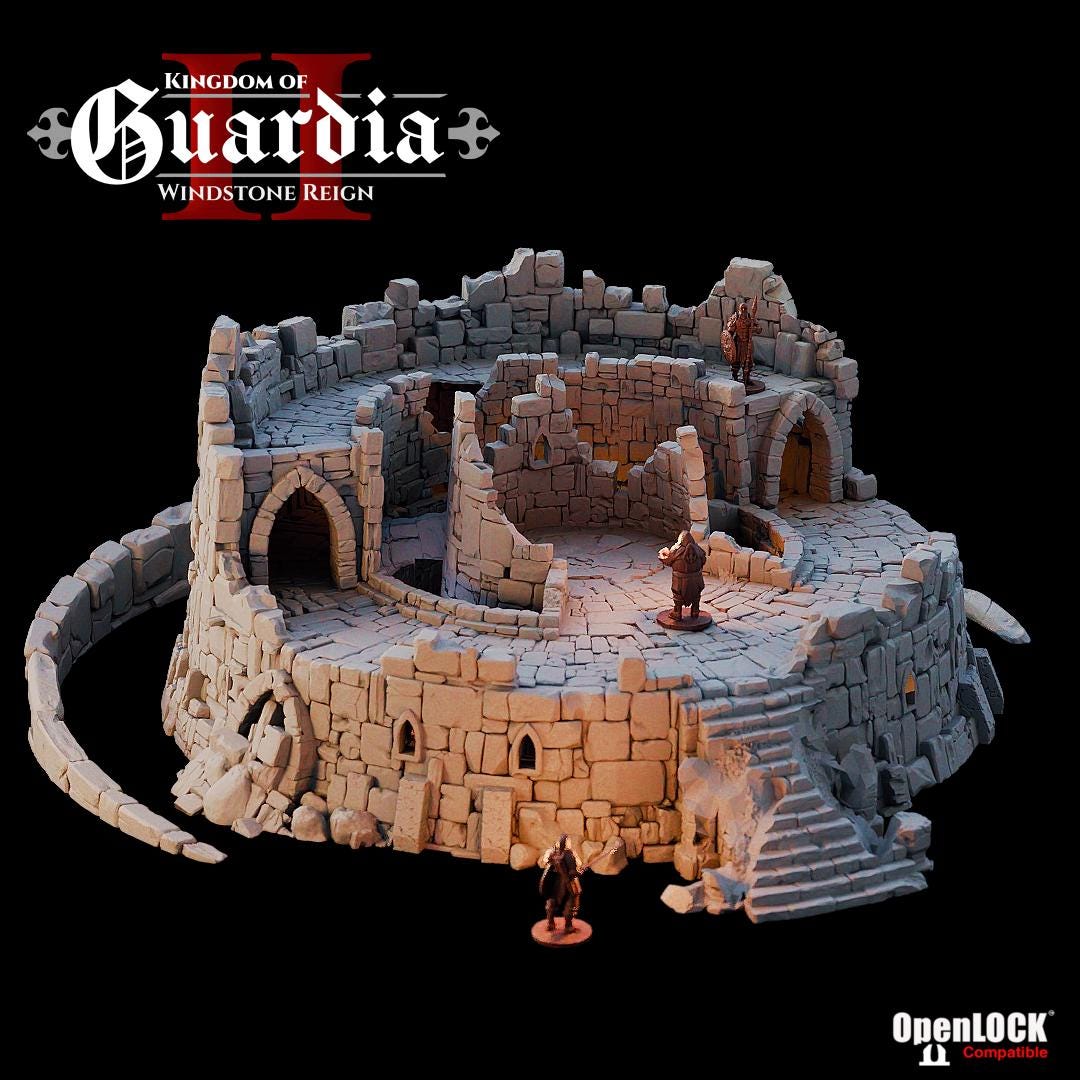 The Circle Tomb rises in stone rings, its walls broken and weathered but still formidable. Torches cast shadows along the winding corridors, where figures tread carefully among crumbling arches. Inside, the central sarcophagus chamber glows faintly, promising both treasure and terror. Each level lifts away, revealing the tomb as both battlefield and mystery waiting to be uncovered.