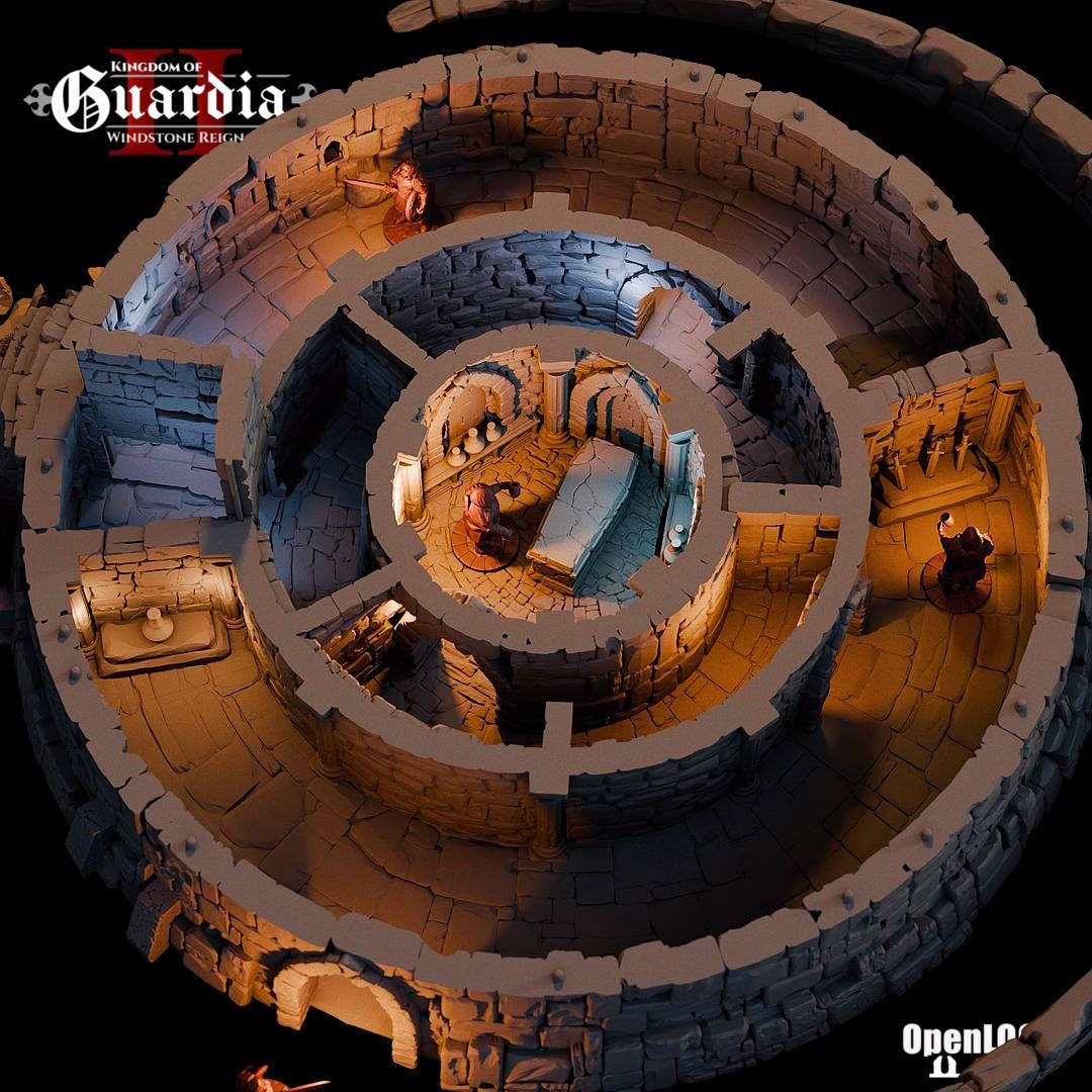 The Circle Tomb rises in stone rings, its walls broken and weathered but still formidable. Torches cast shadows along the winding corridors, where figures tread carefully among crumbling arches. Inside, the central sarcophagus chamber glows faintly, promising both treasure and terror. Each level lifts away, revealing the tomb as both battlefield and mystery waiting to be uncovered.