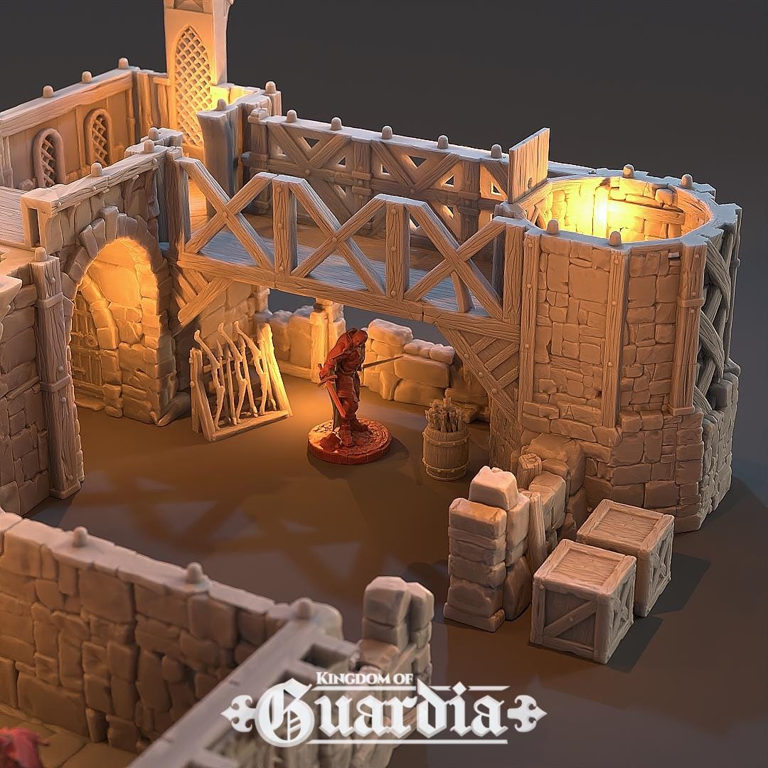 The Archery School – The Butts Compound rises with fortified stone walls, timber bridges, and training yards. The courtyard features archery targets, while towers and walkways provide elevated positions. Lit interiors and removable roofs make it fully playable, perfect for training encounters or dramatic battles.