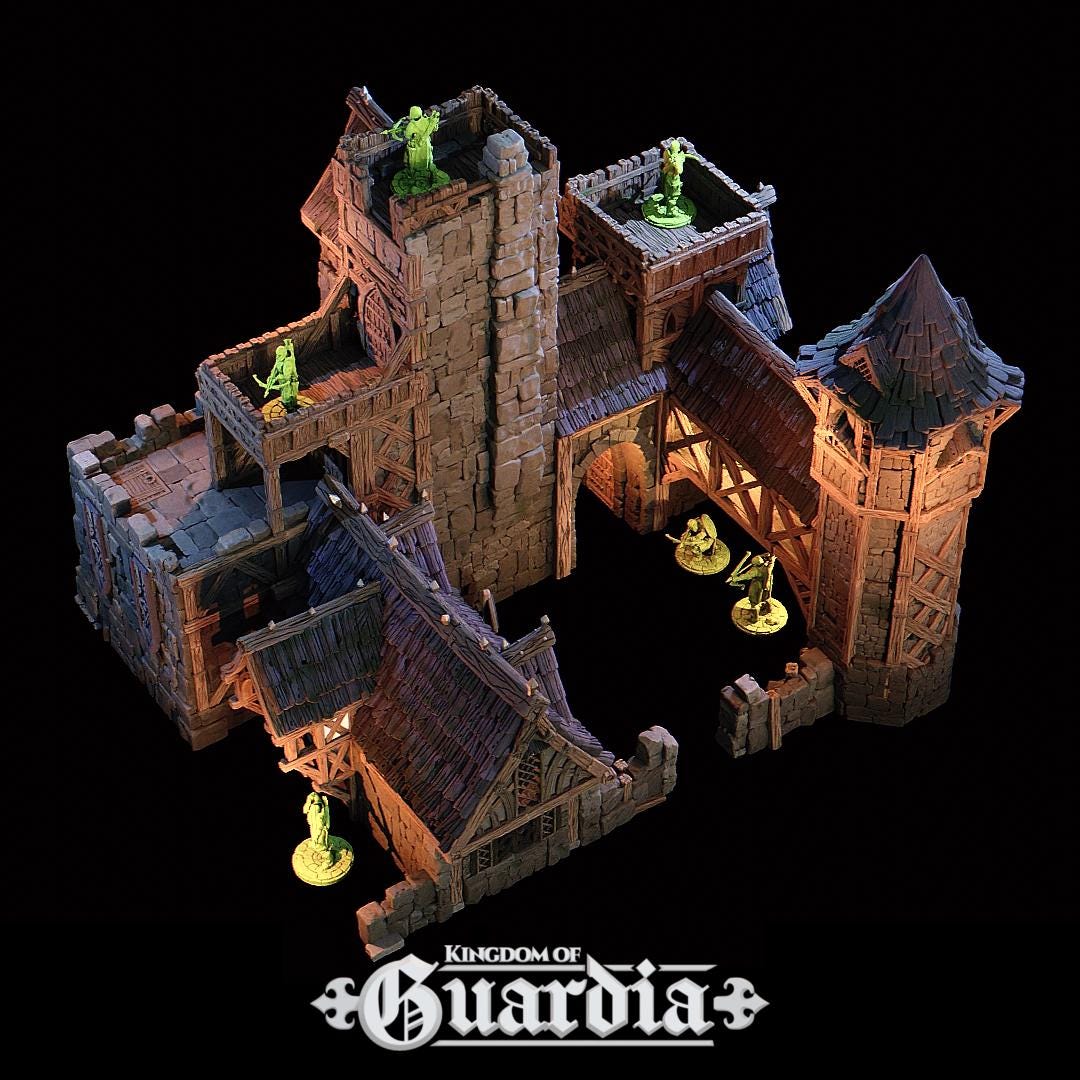 The Archery School – The Butts Compound rises with fortified stone walls, timber bridges, and training yards. The courtyard features archery targets, while towers and walkways provide elevated positions. Lit interiors and removable roofs make it fully playable, perfect for training encounters or dramatic battles.