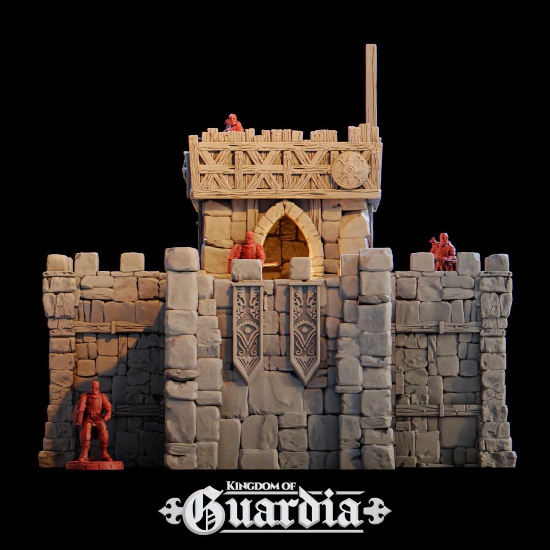 The Defensive Post rises from the battlefield as a fortified medieval bastion. Stone walls, timber reinforcements, and towering battlements dominate the field, with guards poised on high platforms and archers ready at every arrow slit. From the compact Small Post to the massive Full Post with dual towers and a roofed hall, each configuration tells a story of siege, defiance, and heroism.