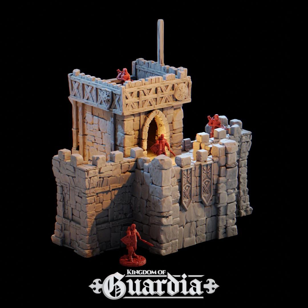 The Defensive Post rises from the battlefield as a fortified medieval bastion. Stone walls, timber reinforcements, and towering battlements dominate the field, with guards poised on high platforms and archers ready at every arrow slit. From the compact Small Post to the massive Full Post with dual towers and a roofed hall, each configuration tells a story of siege, defiance, and heroism.
