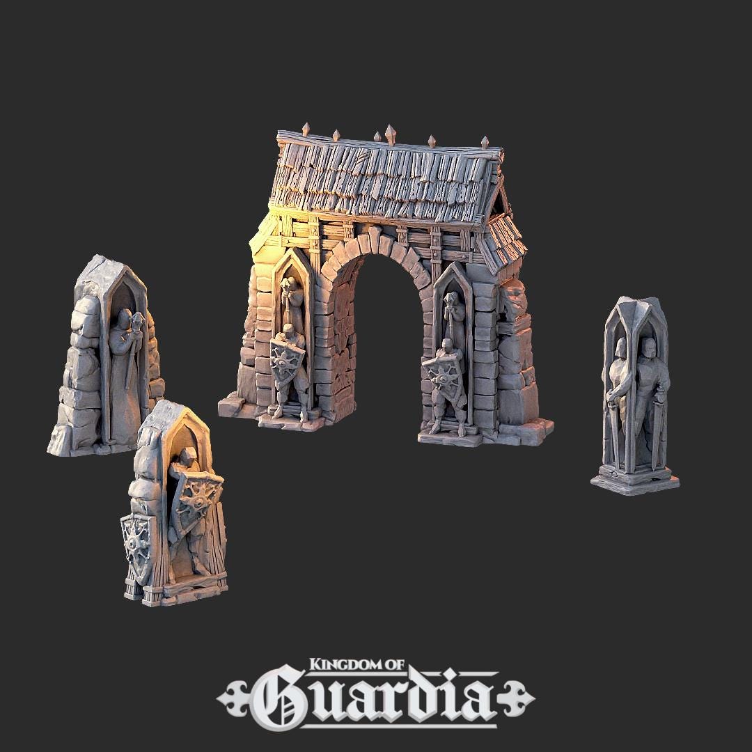 Shrine Set and Stone Portal: Medieval Fantasy Archway Terrain Standard Tabletop Terrain, Gaming, Kingdom of Guardia