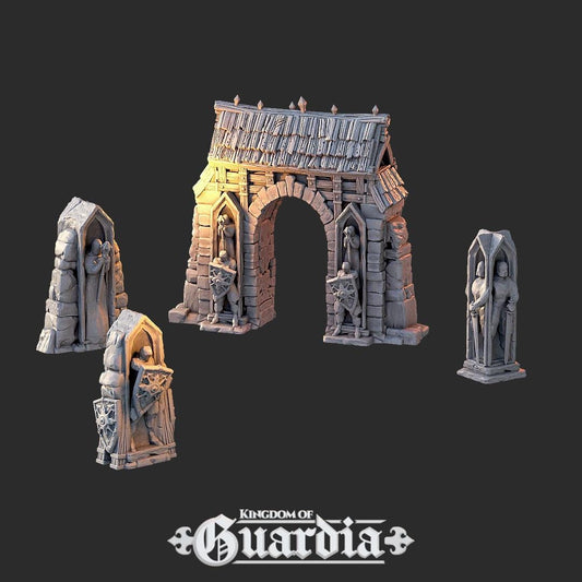 Shrine Set and Stone Portal: Medieval Fantasy Archway Terrain Standard Tabletop Terrain, Gaming, Kingdom of Guardia