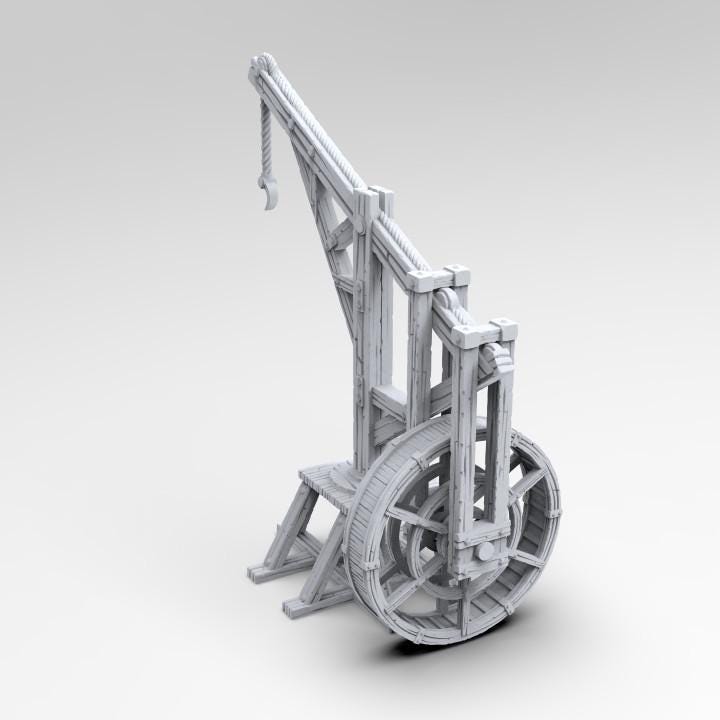 The Threadwheel Crane stands tall on the docks of Ancrabourg, its massive wooden wheel ready to lift barrels, crates, and treasure from the harbor. A working landmark of trade, labor, and adventure.