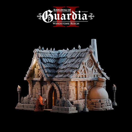 The Alchemist Hut stands on sturdy stone walls, crowned with a timber roof and smoking chimneys. Strange vats bubble along the sides, hinting at experiments within. Inside, shelves overflow with bottles, scrolls, and arcane devices. The upper loft reveals a bed and storage chest, showing the human side of a mysterious figure who lives surrounded by potions and secrets. Every level opens up, inviting dramatic encounters and alchemical mischief.