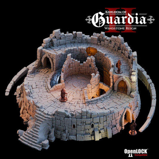 The Circle Tomb rises in stone rings, its walls broken and weathered but still formidable. Torches cast shadows along the winding corridors, where figures tread carefully among crumbling arches. Inside, the central sarcophagus chamber glows faintly, promising both treasure and terror. Each level lifts away, revealing the tomb as both battlefield and mystery waiting to be uncovered.