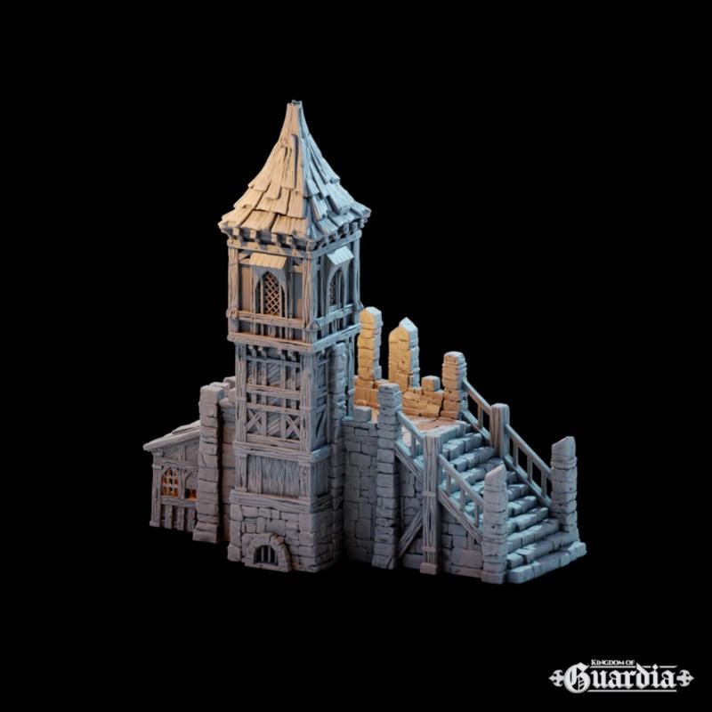 The Tinker Shop & Town Jail rises in stone and timber, its tower climbing high above the battlements. A fortified gatehouse hides barred cells below, while the upper levels reveal a craftsman’s workshop brimming with mechanical detail. The removable roof and stacked floors open the structure for skirmishes, jailbreaks, and daring rooftop showdowns.