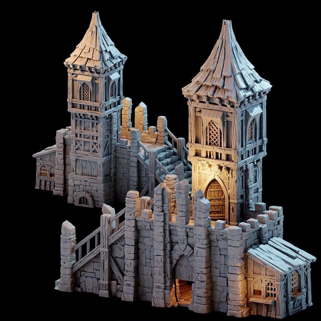 The Tinker Shop & Town Jail rises in stone and timber, its tower climbing high above the battlements. A fortified gatehouse hides barred cells below, while the upper levels reveal a craftsman’s workshop brimming with mechanical detail. The removable roof and stacked floors open the structure for skirmishes, jailbreaks, and daring rooftop showdowns.